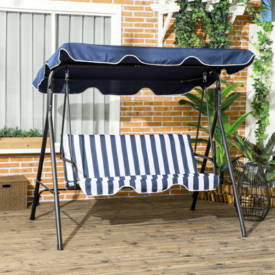 Balancelle d'extérieur bleu foncé 3. Coussin amovible. Cadre en acier. Auvent réglable pour patio. Une expérience d'assise confortable. Capacité de 440 lb. 67,42 po x 44,16 po 59,49 po. Jardin d'assemblage.