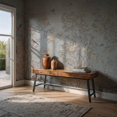 Blue Gray Chinoiserie Garden Wall Mural | Bird and Blossom Tree Wallpaper | Non-Woven or Peel and Stick