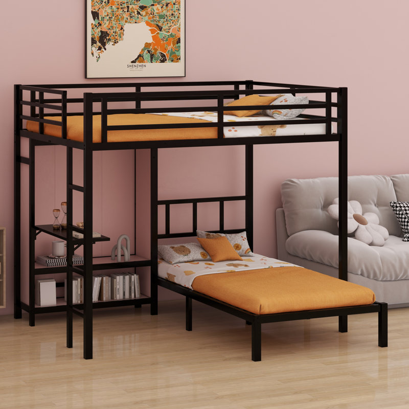 Lit superposé en métal avec bureau pliant, garde-robe à DEL