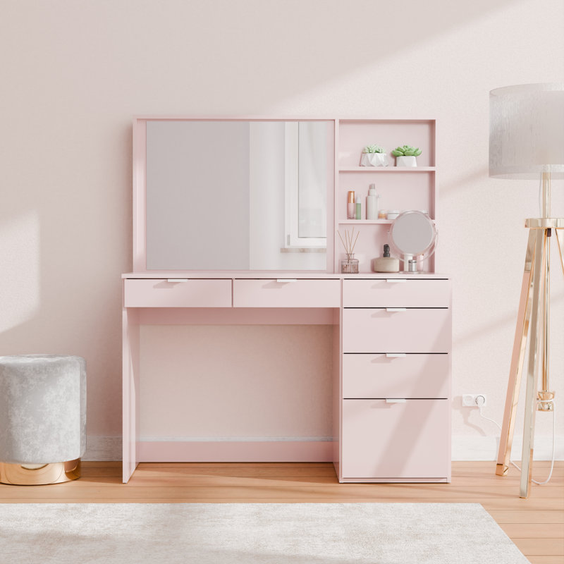 Penn Vanity Table with 6 Drawers & Storage Niche, 47.2"W Makeup Desk, Pink