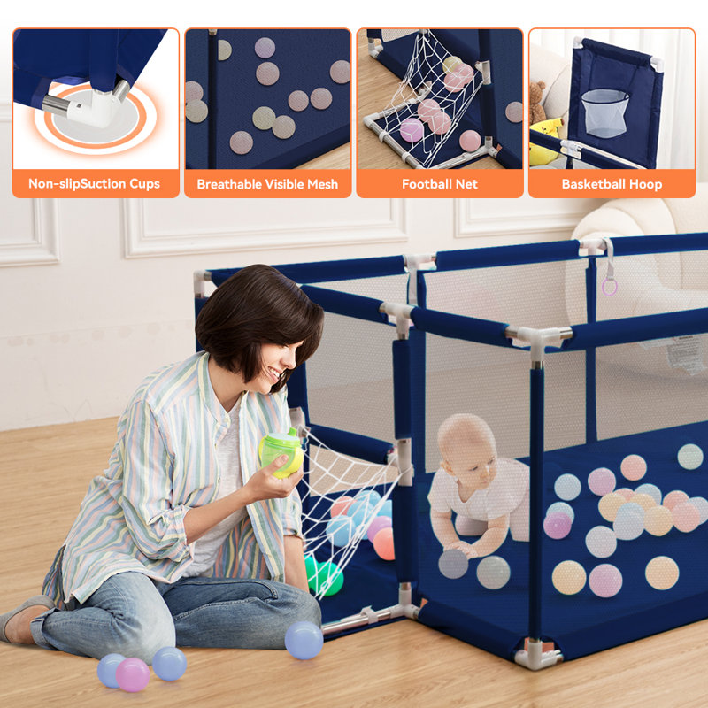 71"x48" Baby Playpen Sturdy Safety Play Yard Activity Center with Basketball Hoop and Football Net, Navy Blue