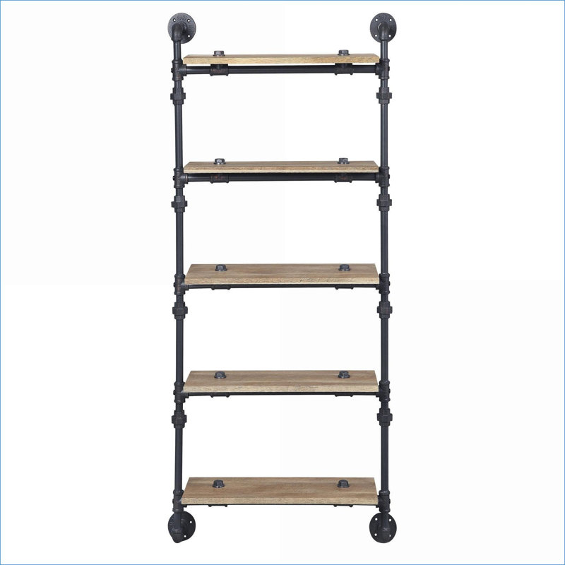 Tablette murale, chêne industriel à 5 niveaux H 59,5 po noir sable | Bois et métal | Espace de vie principal