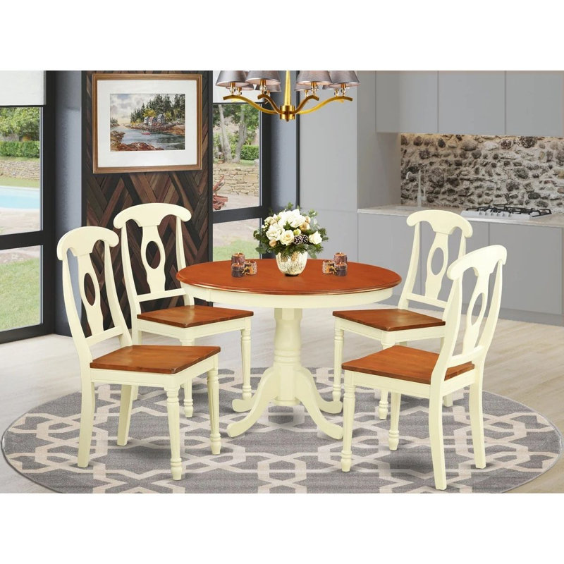 5 Piece Kitchen Table Set for 4 Includes a Round Dining Table with Pedestal and 4 Dining Room Chairs, Buttermilk & Cherry