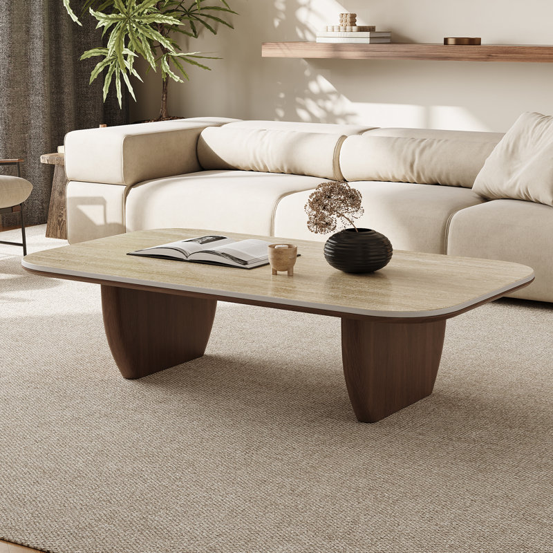 Neatha Modern 51" Rectangular coffee table, Sintered Stone Tabletop, Brown Solid Wood Legs for livingroom, Warm Beige, Brown