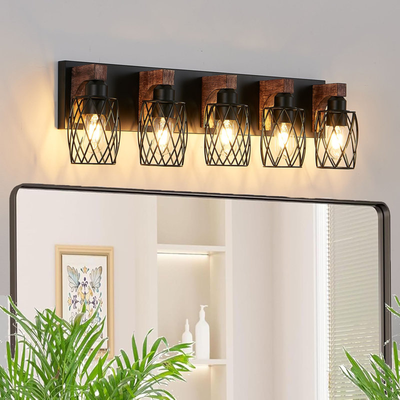 Vintage Walnet Wood Metal Structure Vanity Light with Black Mesh Shades, 5