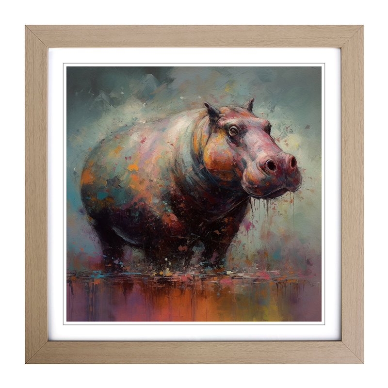 Hippo Post-Impressionism No.1 - Framed Print, Oak
