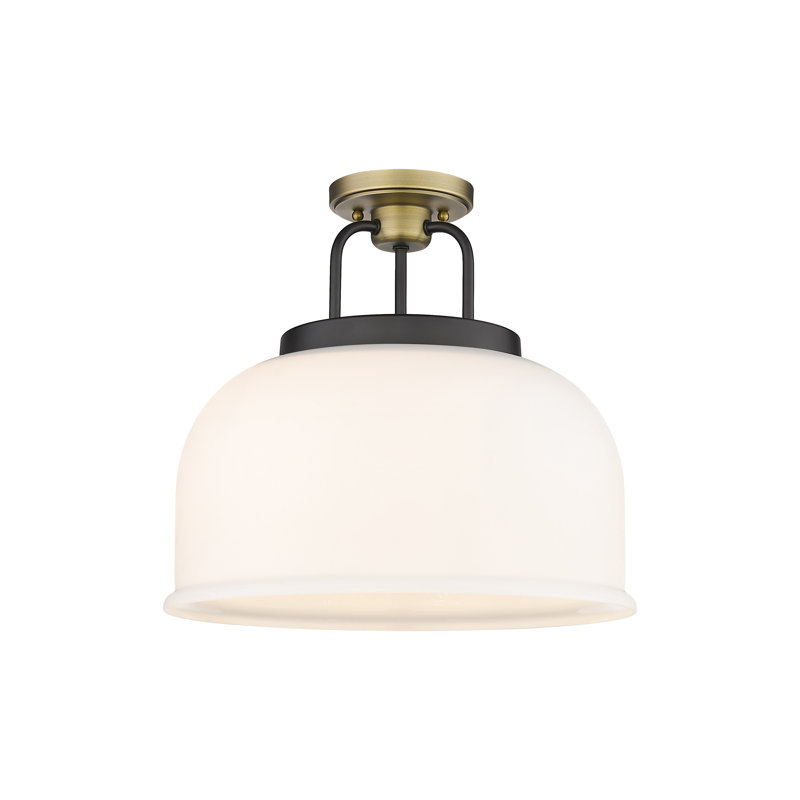 Makenzly Glass Semi Flush Mount, Matte White, Black/Brushed Brass
