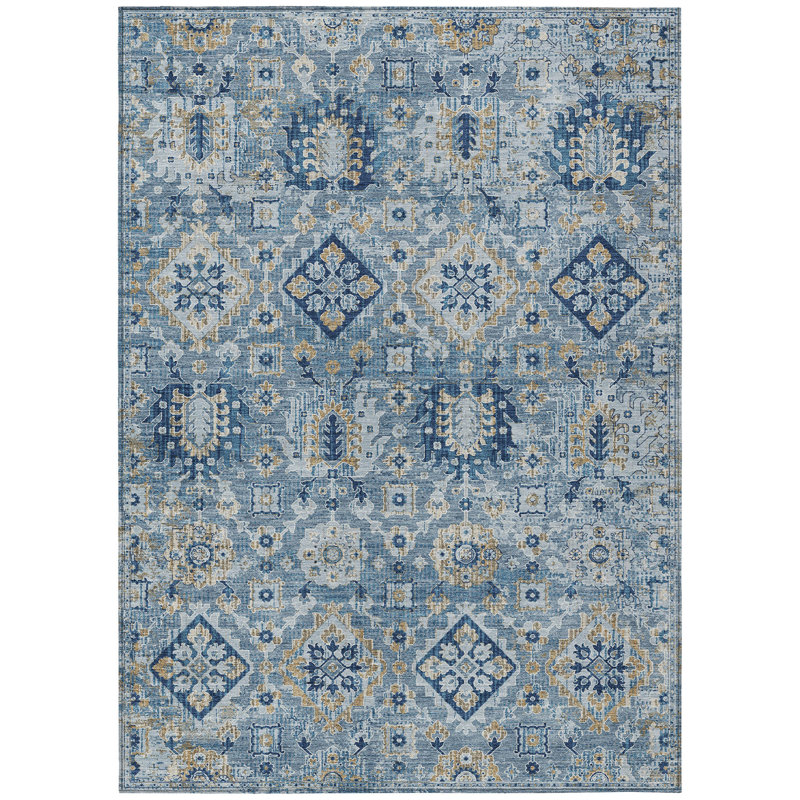 Tapis extérieur lavable à motif médaillon floral bleu et doré 5 pi x 8 pi