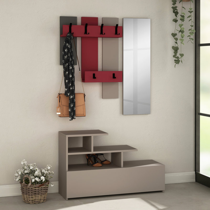 Adison Hall Tree with Shoe Storage, Light Moca/Burgundy