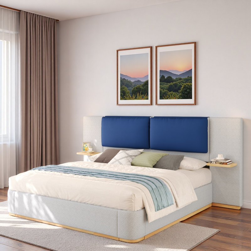 Lit plateforme tapissier avec tablettes, Gris, Grand lit