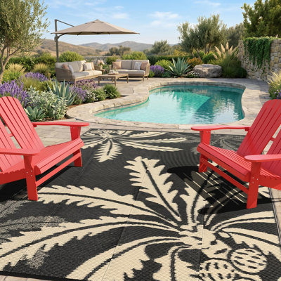 Tapis extérieur réversible 8 x 10 avec motif feuille de noix de coco, tapis de patio en paille de plastique imperméable et résistant aux rayons UV, tapis pliable portable pour terrasse, plage, camping et véhicule récréatif, noir et brun