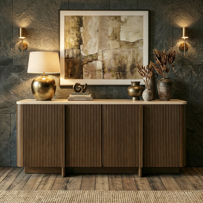 Buffet cannelé, crédence en bois avec plateau en pierre, buffet à 4 portes pour le salon, le vestibule et la salle à manger