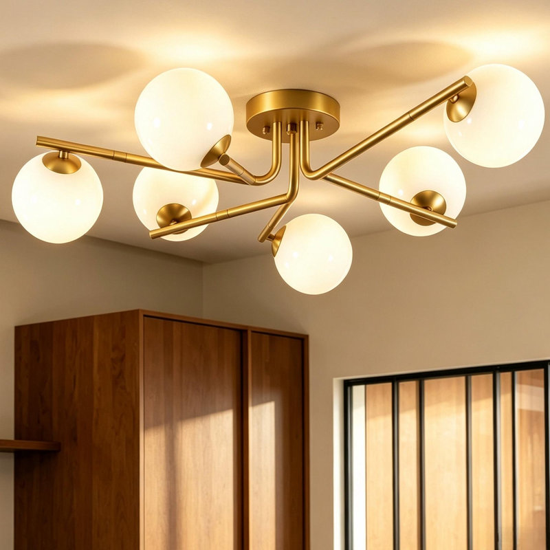Plafonnier semi-encastré 6 lumières en verre opale Spoutnik