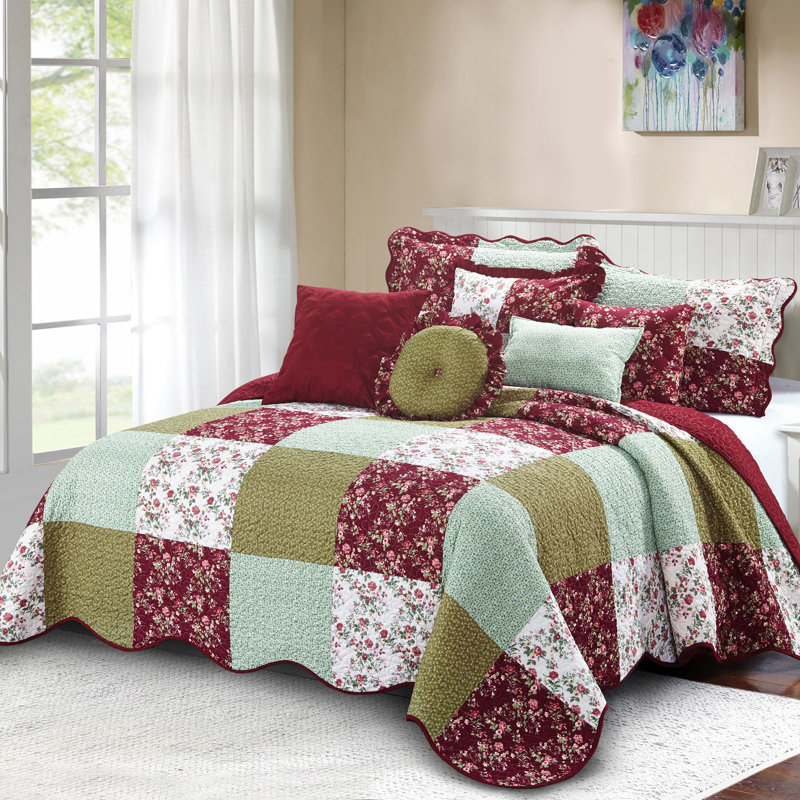 8 Piece Patchwork Bedspread Set, Burgundy, King Quilt + 4 Shams + 3 Throw Pillows