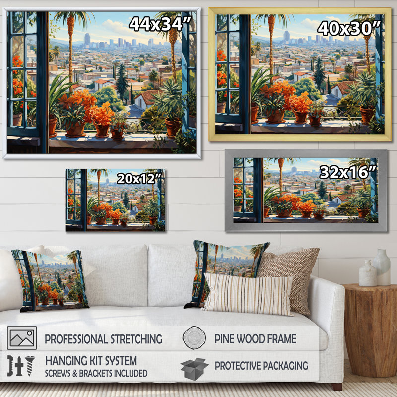 Los Angeles Window View 5 - Los Angeles, art mural, Cadre d'angle fermé noir, H 30 po x l 40 po x P 1,5 po