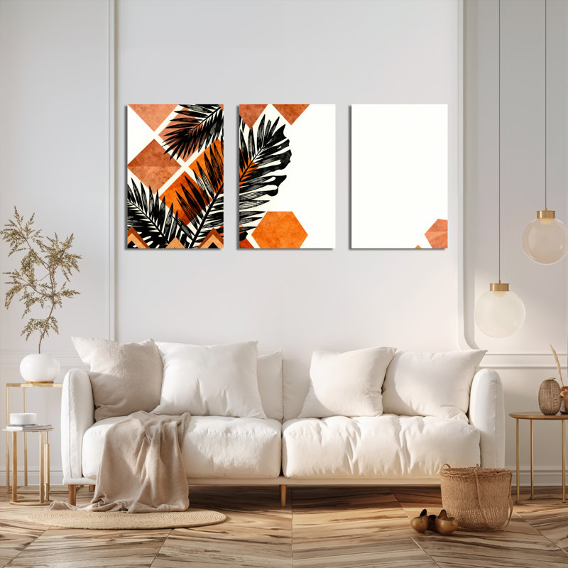 Feuille de palmier tropical et motif géométrique orange sur toile, style bohème moderne (ensemble de 3), H 24 po x l 48 po