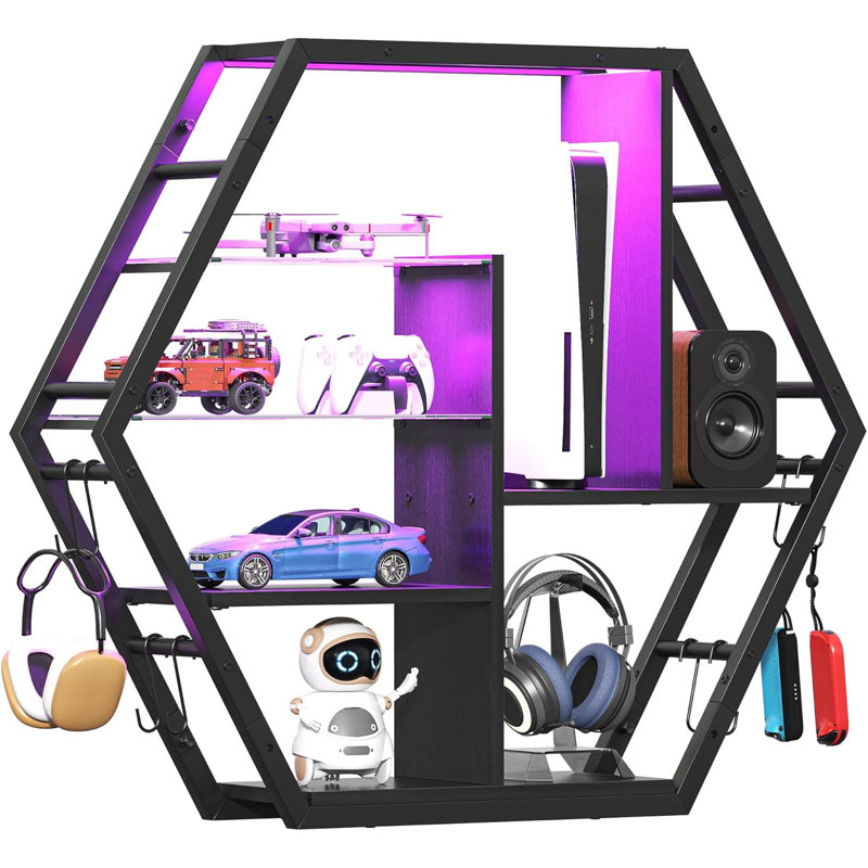 39.4-Inch Hexagonal Gaming Wall Shelf With RGB LED Lighting, 5-Tier Floating Display Rack With Tempered Glass Shelves And Hooks For Game Room Organization And Collectible Display