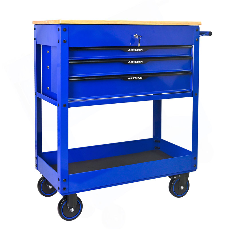 Chariot à outils multifonctionnel à 3 tiroirs avec roulettes et plateau en bois - Bleu