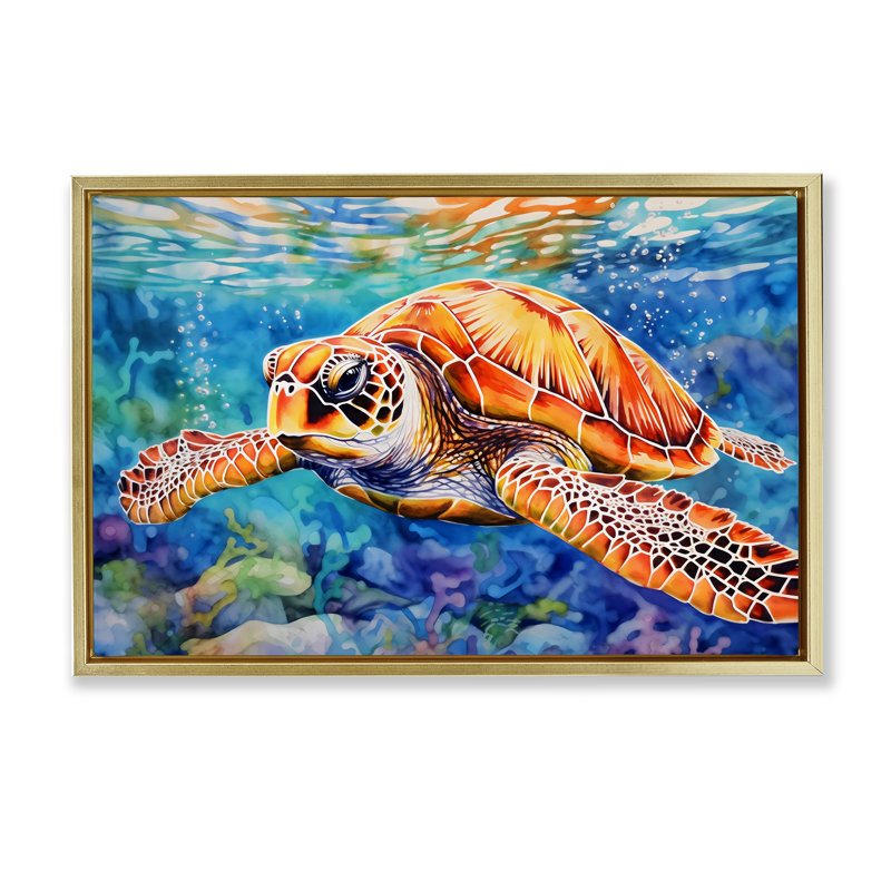 Brown Sea Turtle Under Surface Floating Frame, design by LSR Design Studio, 17" H x 25" W, Metallic Gold Floater Frame