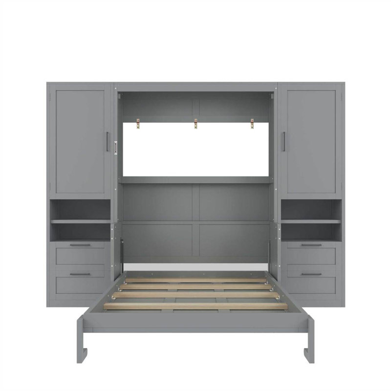 Lit escamotable double pleine grandeur avec placard, tiroirs et tablettes, gris, Double / double, Gris