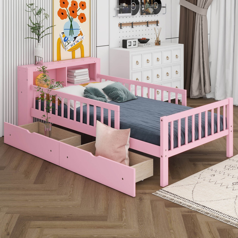 Lit plateforme simple pour enfant avec support de tête de lit, deux tiroirs sous le lit, trois barrières de sécurité pour plus de sécurité