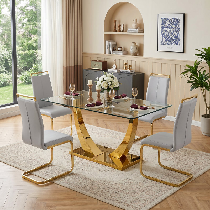 Modern Faux Leather Upholstered Dining Chairs Set of 4 with Gold Base and Handles, Light Gray