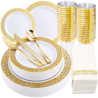 WELLIFE 160 PCS White Gold Plastic Plates, Gold Plastic Dinnerware Set, Includes:20 Dinner Plates, 20 Dessert Plates,40 Forks, 20 Spoons, 20 Knives, 20 Plastic Cups 10 OZ, 20 Paper Napkins