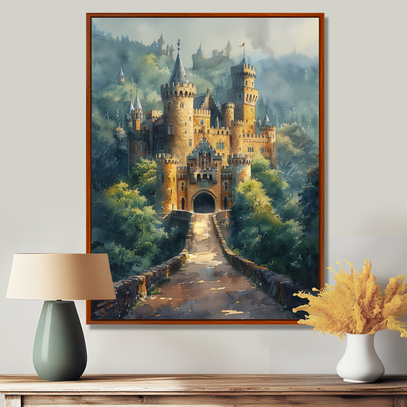 Beige vert, château de conte de fées, salon d'art mural châteaux, Toile avec cadre flottant brun, H 32 po x l 24 po x P 1 po
