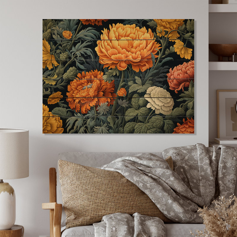 Éclat d'orange et de souci orange sur bois, H 10 po x l 20 po x P 0,78 po