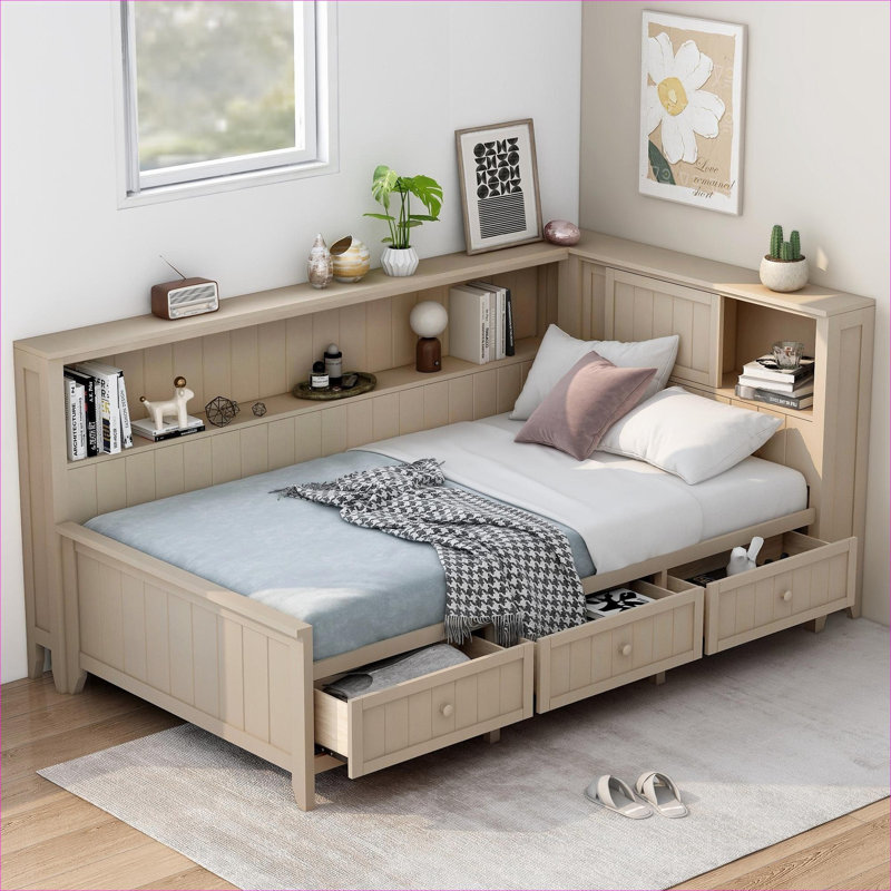 Lit de jour à plateforme simple de style campagnard avec tiroirs et tablettes de rangement intégrés en bois massif aux tons blancs