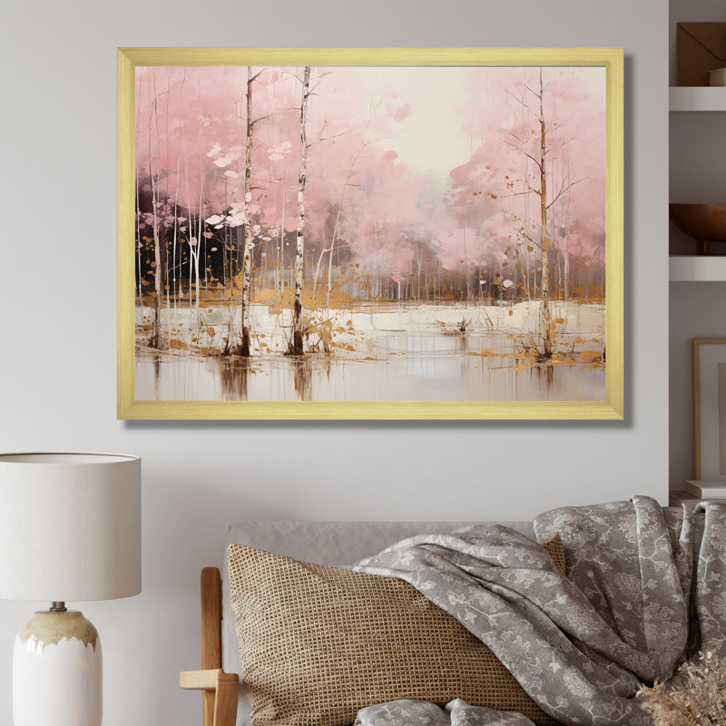 «Minimalisme rose et forêt dorée I», art sur toile, H 30 po x l 40 po x P 1,5 po, Cadre doré simple