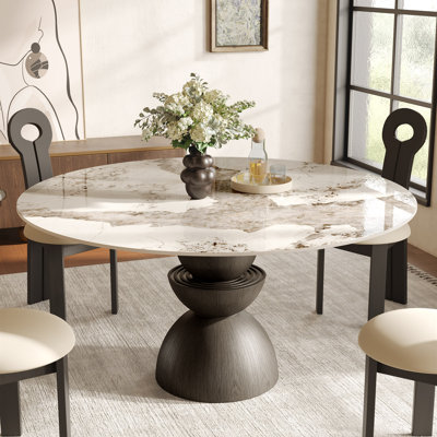 Modern Round Dining Table with Premium Sintered Stone Table & Sturdy Solid Wood Pedestal Base For 2/4/6