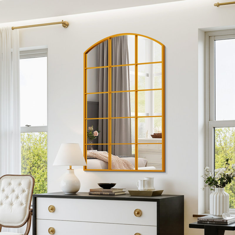 Grid Wall Mirror,arched Window Mirror,arched Wall Mantel Mirror For Living Room, Bedroom, Entryway, Gold, 24" x 36"