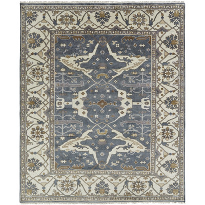 Mitul Hand Knotted Wool Oriental Area Rug in Blue/Ivory