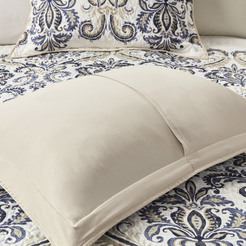 Quilt With Pillows, Navy/tan. Paisley Design, 100% Microfiber. Soft Reverse. 2 Shams, 3 Decorative Pillows. Machine Washable & Spot Clean 6 Piece Navy/tan Throw Quilt, Shams And