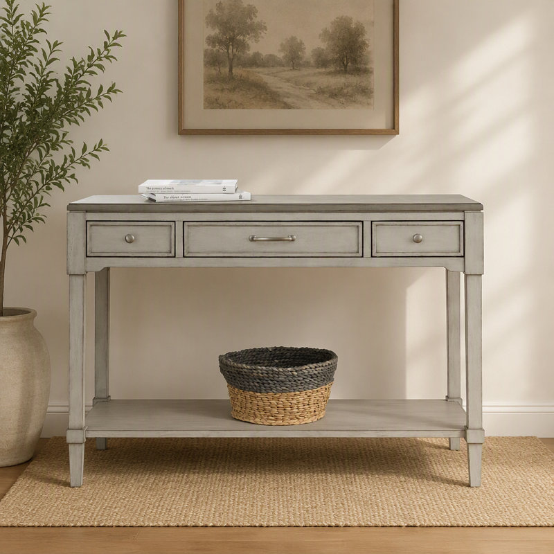 Table console avec tiroirs et tablette ouverte