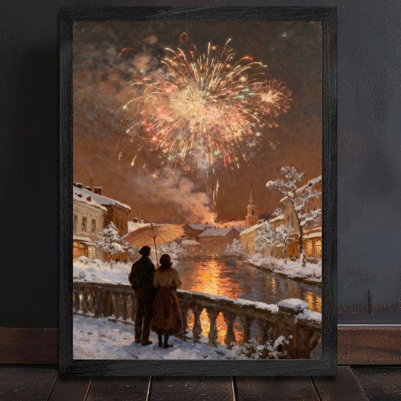 Art encadré noir, feux d'artifice du Nouvel An, peinture à l'huile rétro sur cadre enneigé, H 37 po x l 25 po