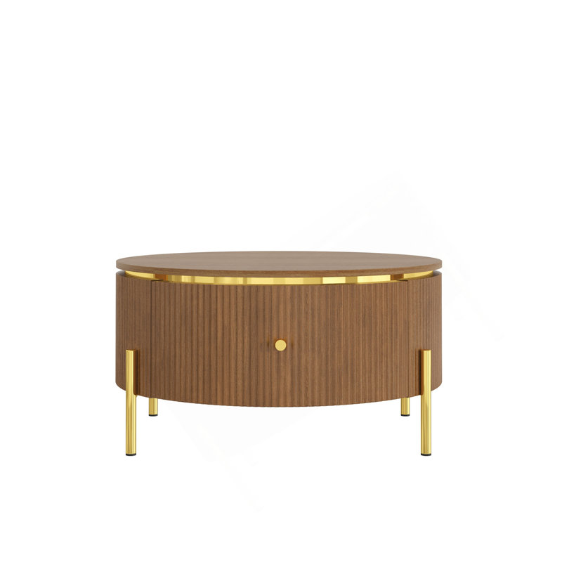 Table basse ronde moderne avec 2 grands tiroirs de rangement, brun, 31,5 po