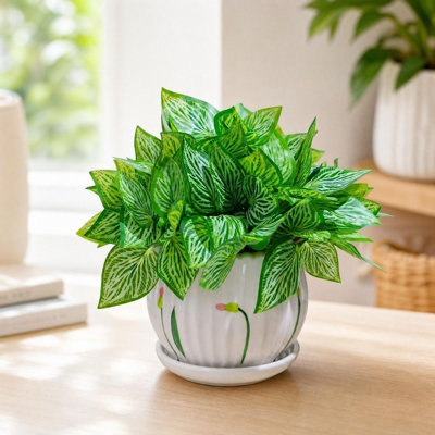 Plante artificielle panachée de 11,81 po avec pot en plastique peint à la main et soucoupe assortie pour la décoration de table de bureau à domicile