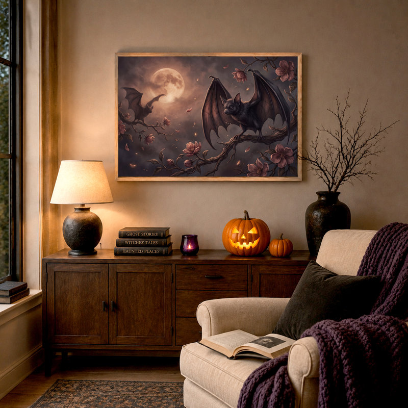 Chauve-souris perchée sur une branche avec fleurs roses et lune - Toile murale d'Halloween, H 32 po x l 48 po