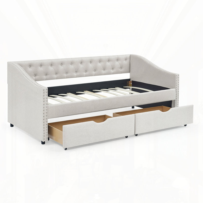 UpholsteredTwin Size Daybed with Drawers, Twin, Beige