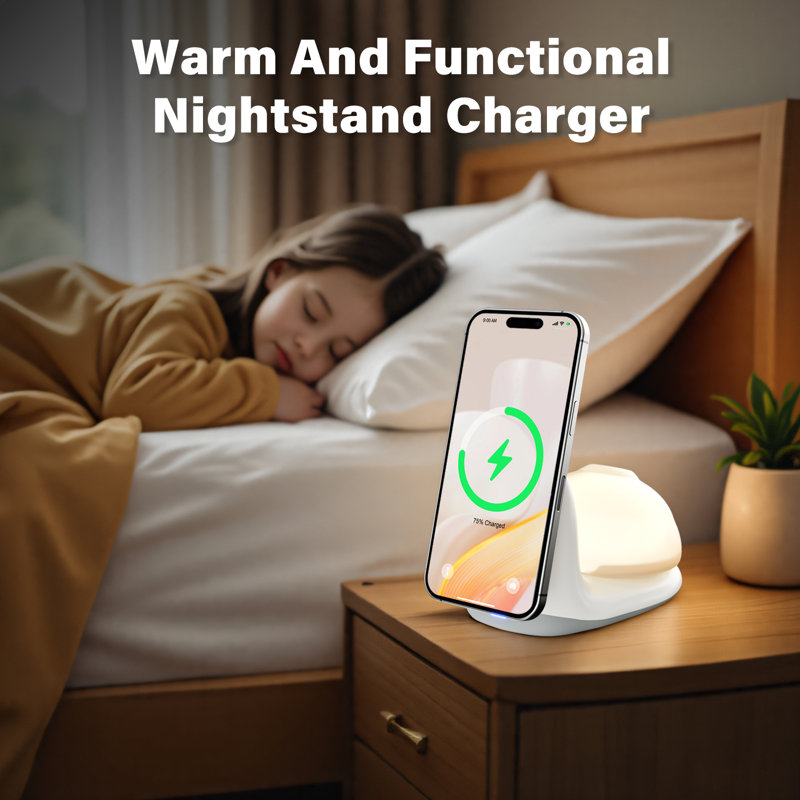 Wireless Charger, 15W Fast Charging Station with Light for iPhone 16e 16 15 14 13 12 Pro Max, Desktop Nightstand Snail-Shaped Detachable LED Lamp Bedside Cordless Light