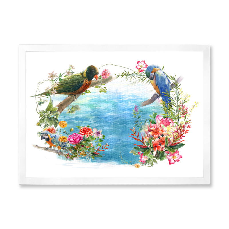 Oiseaux et fleurs au bord de l'eau - peinture sur toile, H 30 po x l 40 po x 1,5 po, Cadre photo blanc