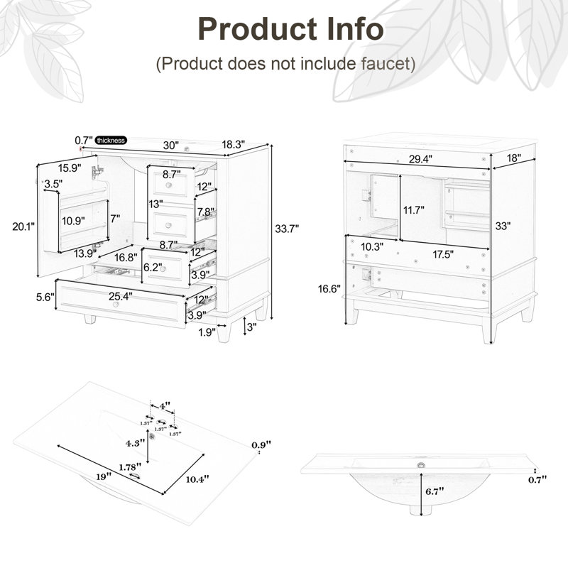 Armoire de meuble-lavabo 30 "avec lavabo en céramique, Gris, Argent argent