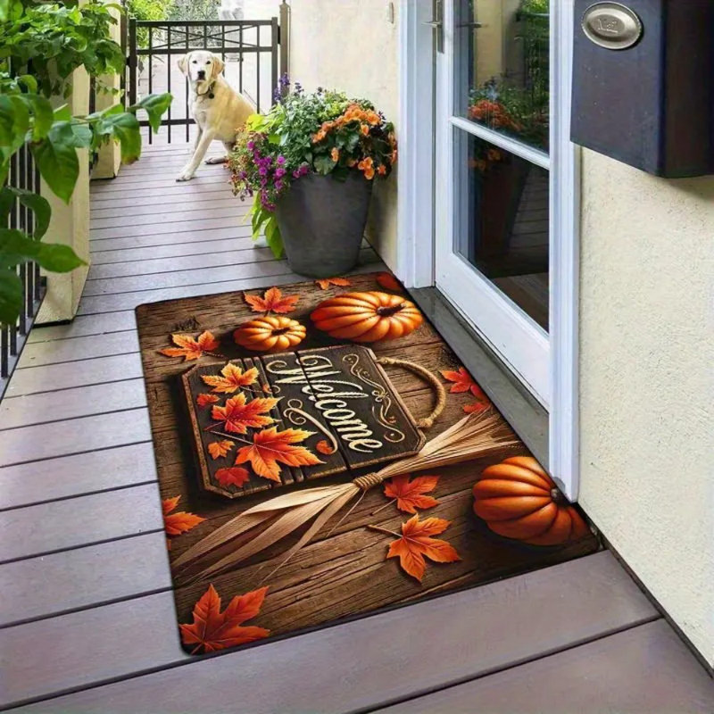 1Pc Thanksgiving Door Mat - Non-Slip Absorbent Machine Washable Polyester & Rubber Blend, Festive Pumpkin & "Welcome" Autumn Decor Mat For Entryway, Kitchen, Living Room, Bedroom, Laundry Room（20*31 Inches)