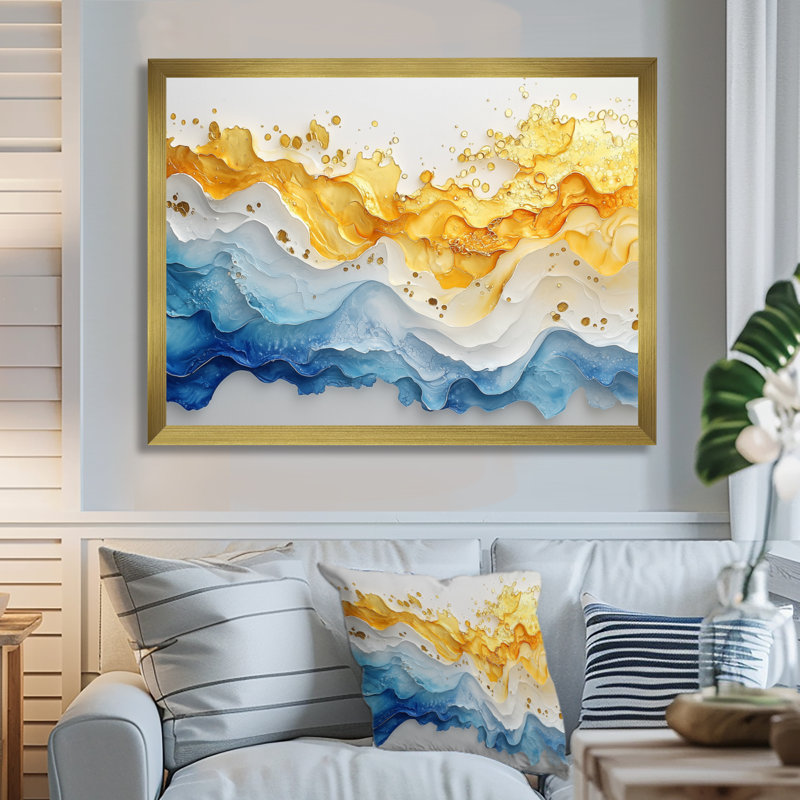 Luyster Blue Yellow Dream Lines II - vagues côtières, art mural, H 30 po x l 40 po, Cadre simple, Doré