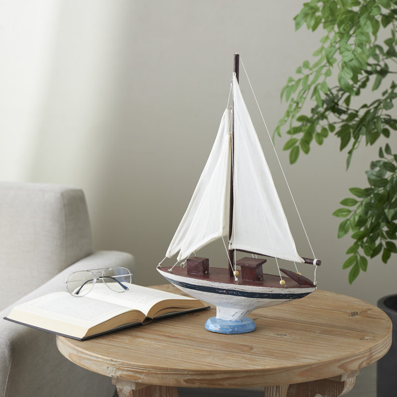 Wood Distressed Sail Boat Decorative White Sculpture with Brown Wood and Beaded Accents