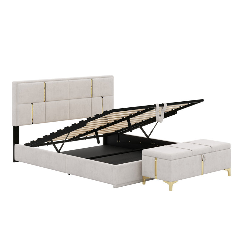 Upholstered Platform Bed With Hydraulic Storage System,Storage Ottoman With Metal Legs