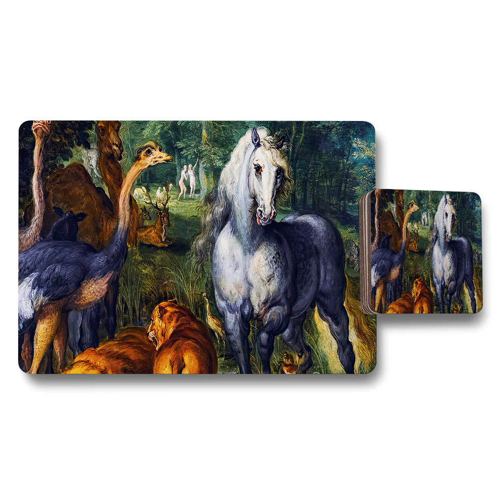 Horse Painting Placemat And Coaster Set With Woodland Scene