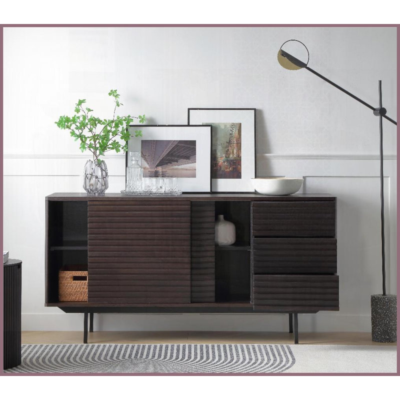 Mid Century Modern Coffee Table &amp; Sideboard Combo – Space-Saving Wood &amp; Stainless Steel Storage for Living Room
